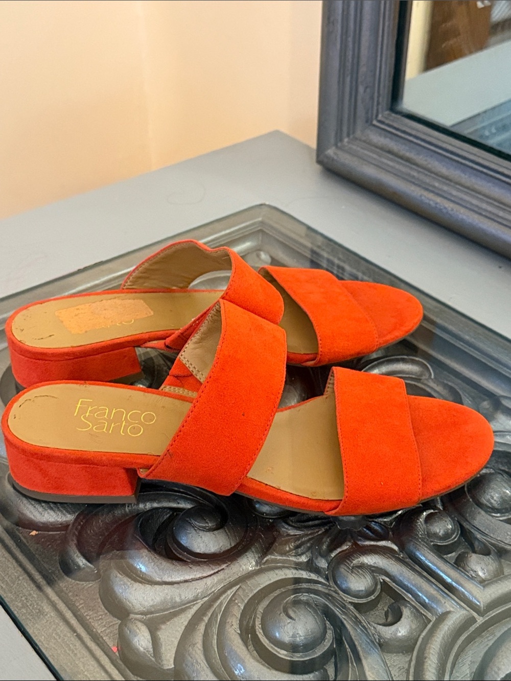 Franco Sarto 7 Silas Bright Orange Suede Double Band Slide Mules
